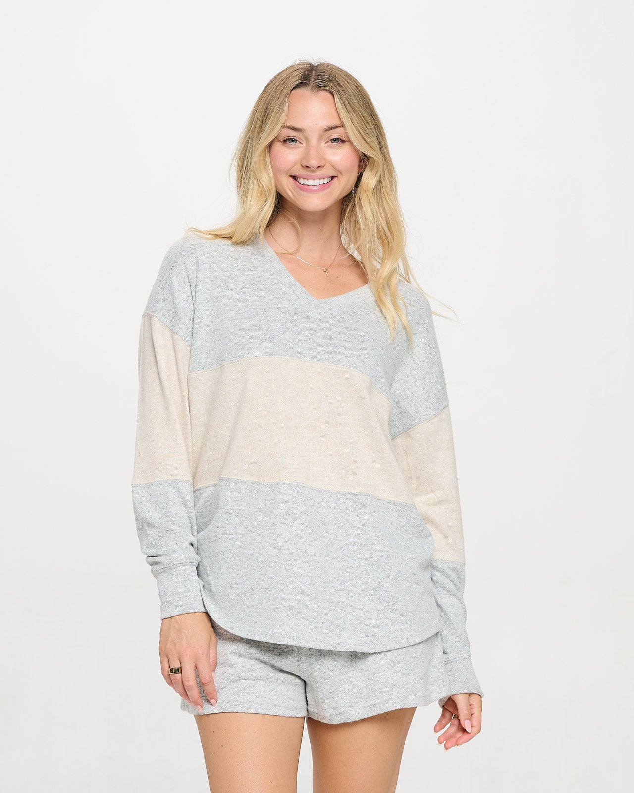 Color Blocked Luxe Brushed Swing V - Neck Top 3 Cloud Grey