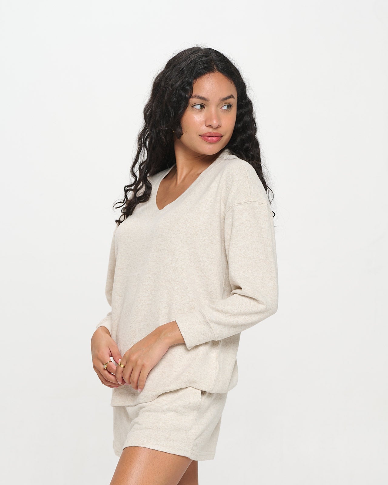 Luxe Brushed Swing V - Neck Top 1 Vanilla Bean